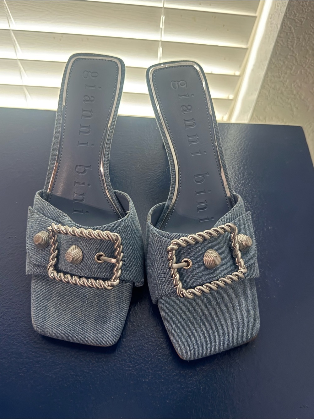 Gianni Bini Denim Mule Slides with Silver Rope Buckles